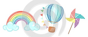 Baby shower items set with air hot balloon, colorful rainbow, blower toy isolated on white