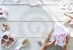 Baby Shower items on wooden table