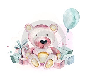 Baby shower kid bear watercolor girl design elements. Set of baby pink birthday illustration. Newborn party invitation