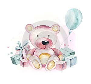 Dítě dítě medvěd akvarel prvky. sada skládající se z dítě růžový ilustrace. novorozeně pozvánka na oslavu 