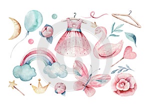 Baby shower kid swan watercolor girl design butterfly cartoon elements. Set of baby pink dress and baby`s bootees