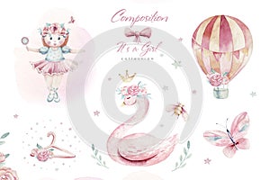 Baby shower kid swan watercolor girl design cartoon elements. Set of baby pink birthday balloon toy dress illustration