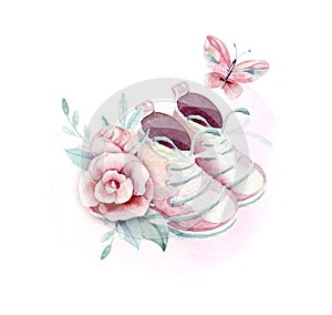 Baby shower kid watercolor girl boots design butterfly cartoon elements. Set of baby pink dress and baby`s bootees