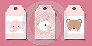 Baby shower labels with animals cartoons vector design