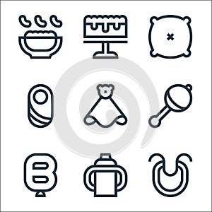 baby shower line icons. linear set. quality vector line set such as baby bib, training, b shaped, rattle, snuggle, baby, pillow,