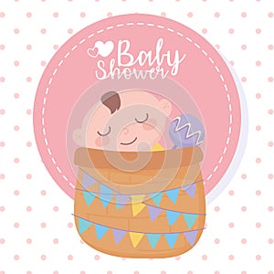 Baby shower, little boy in basket with rattle, celebration welcome newborn