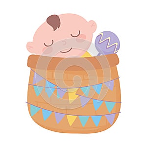 Baby shower, little boy in basket with rattle, celebration welcome newborn