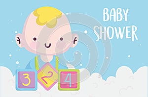 Baby shower, little boy with cubes toys cartoon, announce newborn welcome card