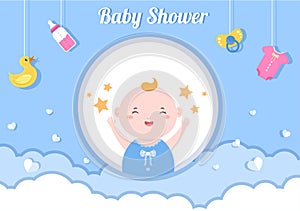 Baby Shower Little Boy or Girl with Cute Design Toys and Accessories Newborn Babies Background Illustration for Invitation