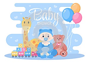 Baby Shower Little Boy or Girl with Cute Design Toys and Accessories Newborn Babies Background Illustration for Invitation