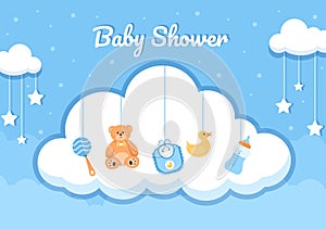 Baby Shower Little Boy or Girl with Cute Design Toys and Accessories Newborn Babies Background Illustration for Invitation