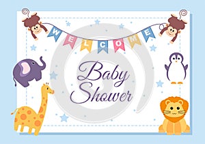 Baby Shower Little Boy or Girl with Cute Jungle Animals Design Background Vector Illustration Suitable for Invitation and Greeting