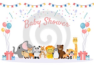 Baby Shower Little Boy or Girl with Cute Jungle Animals Design Background Vector Illustration Suitable for Invitation and Greeting