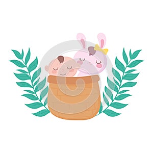 Baby shower, little boy and rabbit in basket, celebration welcome newborn