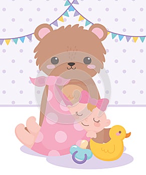 Baby shower, little girl teddy bear duck and pacifier, celebration welcome newborn