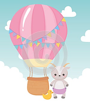 Baby shower, little sheep with duck and air balloon, celebration welcome newborn