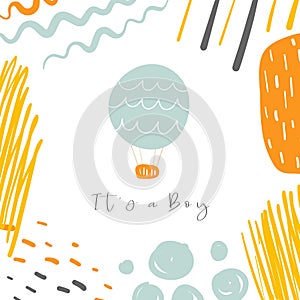 Baby shower, nursery card, postcard, tag, cover with hot air blue balloon, waves.