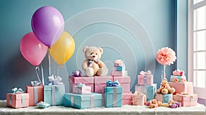 Baby shower party concept. Pink and blue gift boxes with ribbons. Generative AI