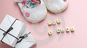 baby shower party. The definition of gender is a little girl or boy. Layout top view in a minimalist style on a pink and blue
