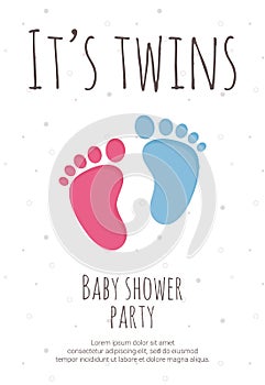 Baby shower party for future mommy of twins template with pink and blue toddler footsteps.