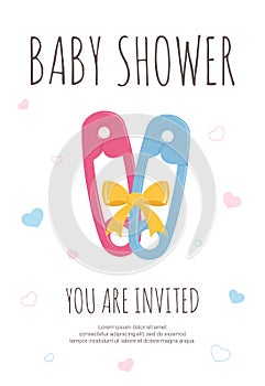 Baby shower party template for future mommy of boy and girl twins with pink and blue toddler safety pins