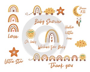 Baby shower phrases for boho invitations. Cute baby rainbows train, little star, cloud, moon Vector