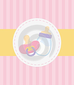 Baby shower, pink pacifier and milk bottle stripes background celebration card