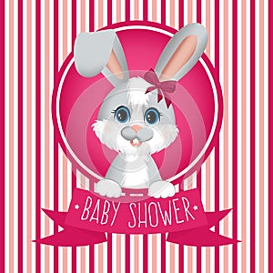 Baby shower with pink and white strips and little rabbit (hare).