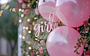 Baby shower poster. Its a girl banner. Girl quote, one word, big lettering, pink balloons and glitter. Beautiful photo with gender