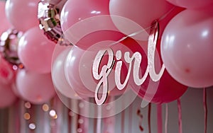 Baby shower poster. Its a girl banner. Girl quote, one word, big lettering, pink balloons and glitter. Beautiful photo with gender