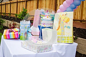 Baby shower presents on table
