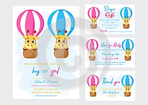 Baby Shower printable party invitation card template Baby boy or girl with Diaper Raffle, Book for baby and Thank you card.