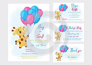 Baby Shower printable party invitation card template Baby boy or girl with Diaper Raffle, Book for baby and Thank you card.