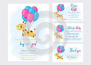 Baby Shower printable party invitation card template Baby boy or girl with Diaper Raffle, Book for baby and Thank you card.