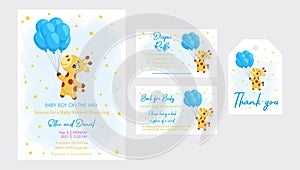 Baby Shower printable party invitation card template Baby boy on the way with Diaper Raffle, Book for baby and Thank you tag.