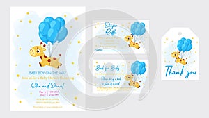 Baby Shower printable party invitation card template Baby boy on the way with Diaper Raffle, Book for baby and Thank you tag.