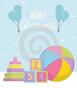 Baby shower, pyramid cubes and ball toys cartoon, announce newborn welcome card
