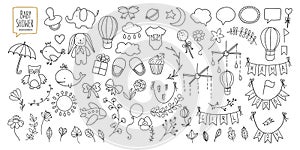 Baby shower related design elements set. Hand drawn vintage illustration.