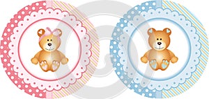 Baby shower round sticker labels with teddy bear