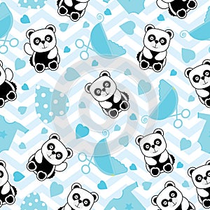 Baby shower seamless background with baby panda and baby clothes on chevron background