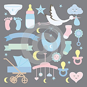 Baby shower set accessories icons