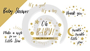 Baby shower set gold templates Twinkle twinkle little star text Oh baby glitter star invtation thank you card photo