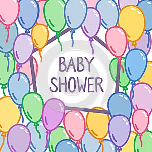 Baby shower sign on colorful balloon background, greeting card, vector illustration, naive and simple decoration