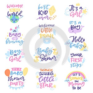 Baby shower sign vector boy or girl newborn kids birth party lettering text with calligraphy letters or textual font for