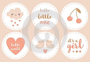 Baby Shower Stickers with Cloud, Hearts, Cherries and baby Boots. baby Girl Party.