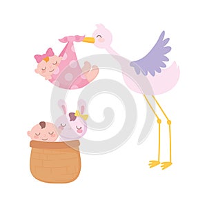 Baby shower, stork with baby girl and little boy and rabbit in basket, celebration welcome newborn