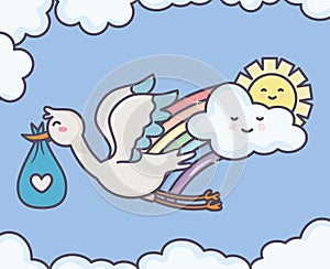 Baby shower stork diaper blue cloud sun sky