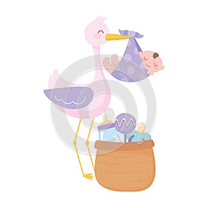 Baby shower, stork with little boy in blanket with basket rattle and pacifier, celebration welcome newborn