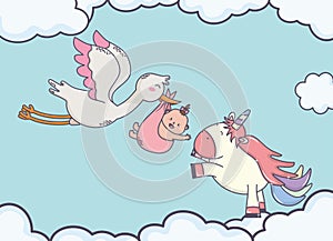 Baby shower stork with little girl cute unicorn sky