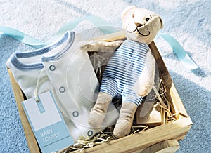 Baby shower stuff in blue theme photo